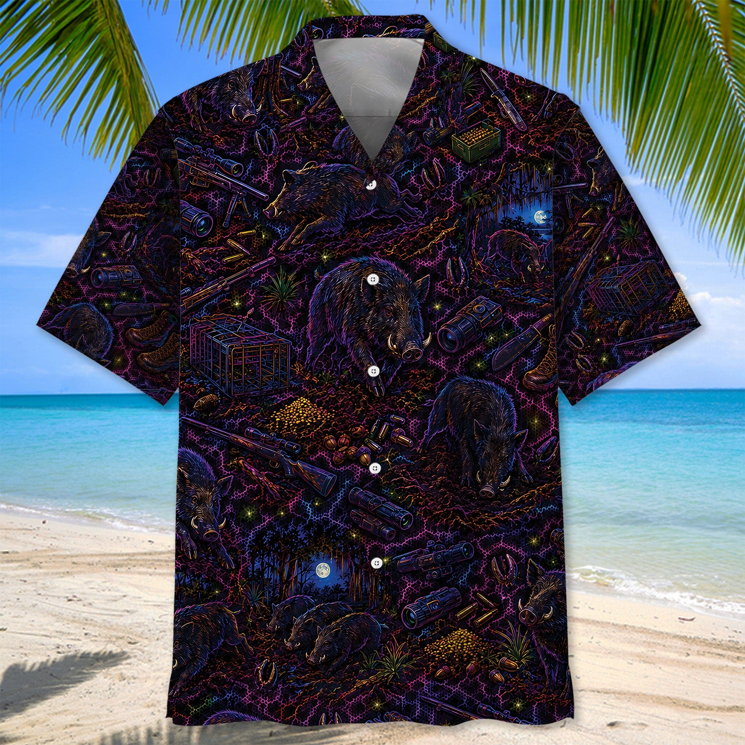 Midnight Feral Hog Neon Hawaiian Shirt
