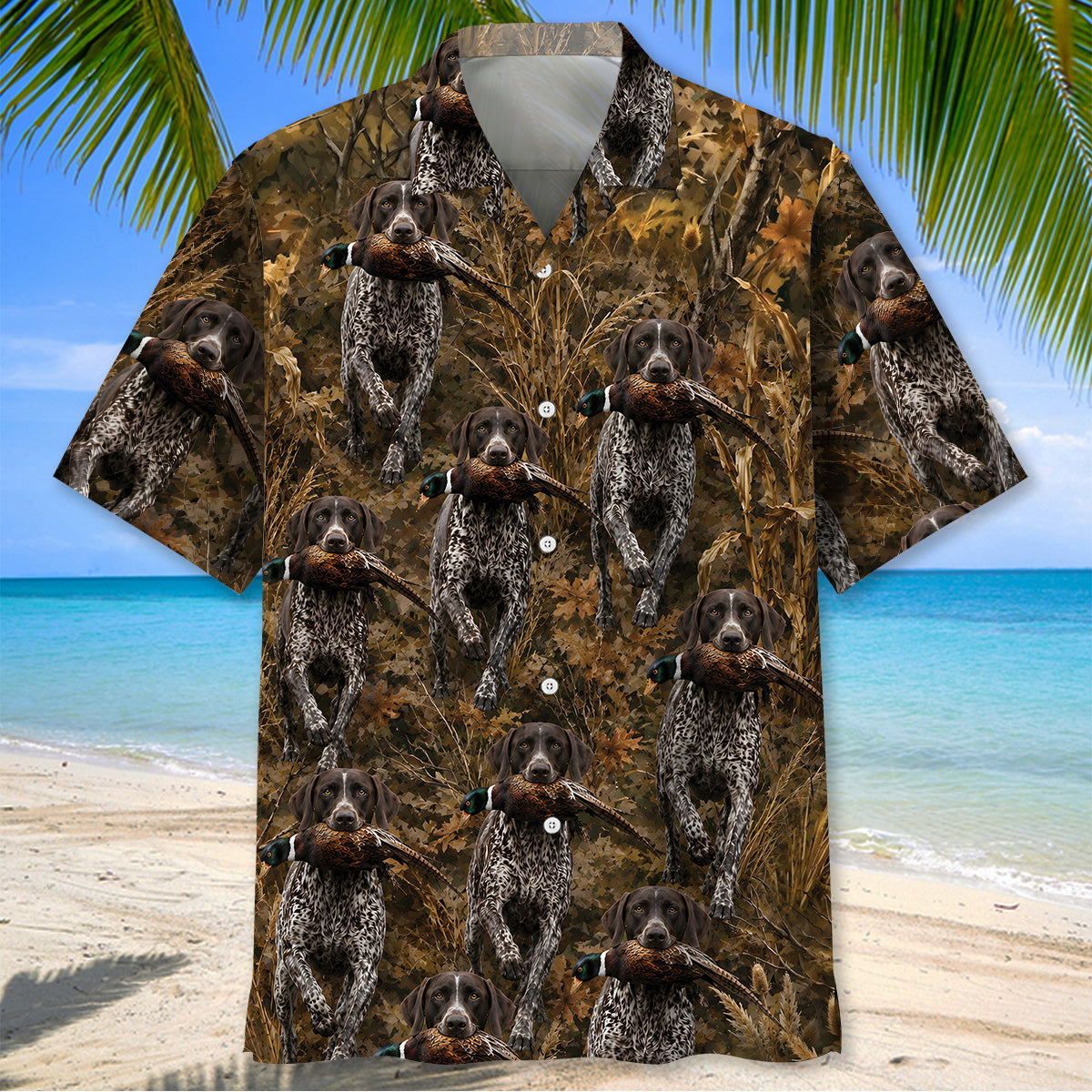 Camouflage German Shorthaired Pointer Running With Pheasant Hunting Hawaiian Shirt