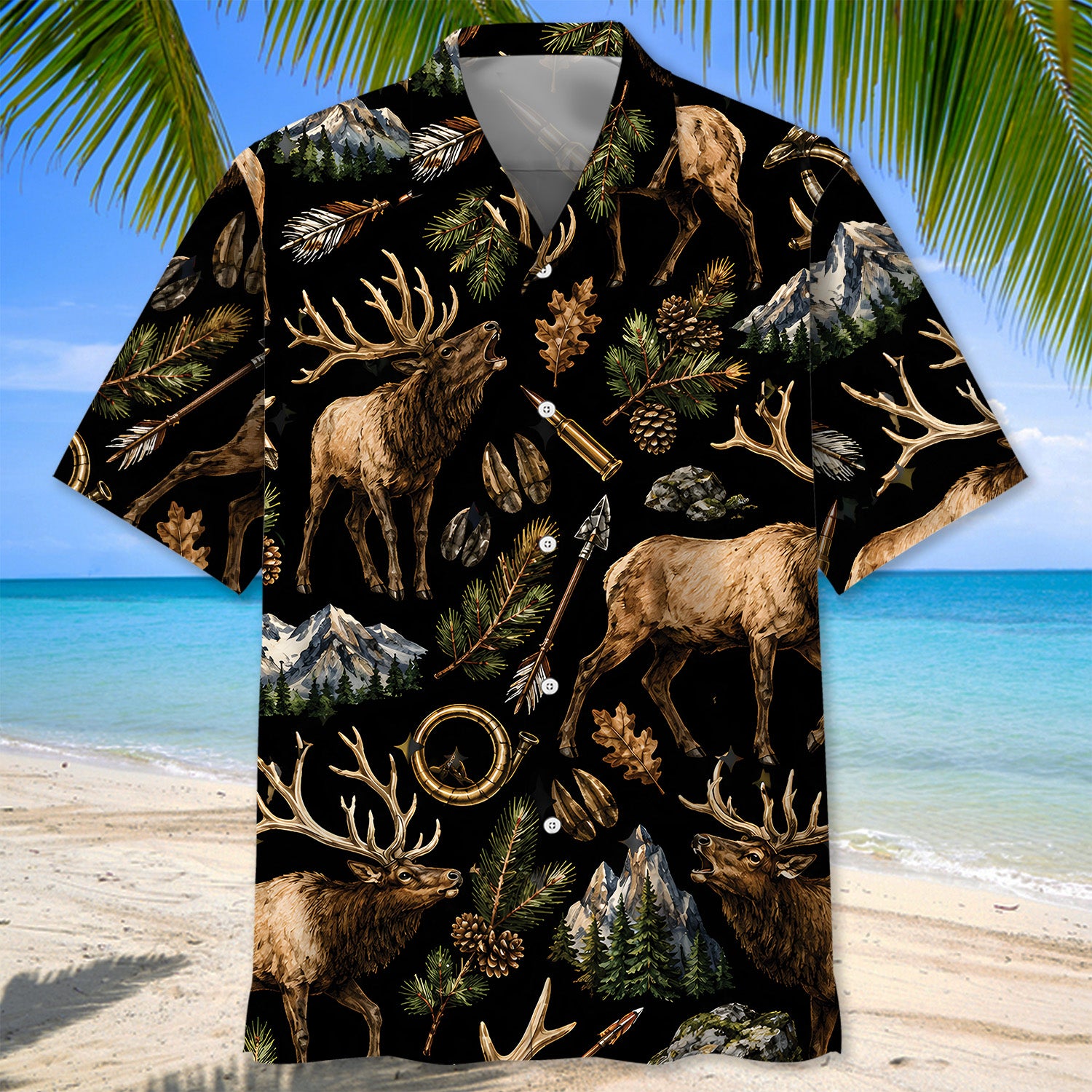 Elk Hunting Retro Black Hawaiian Shirt