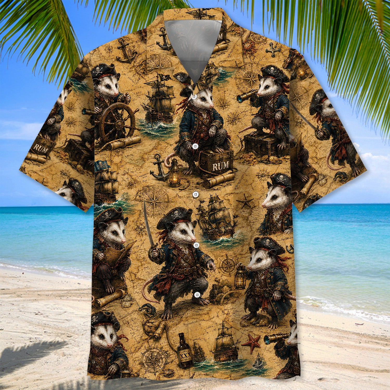 Vintage Pirate Opossum Treasure Map Hawaiian Shirt
