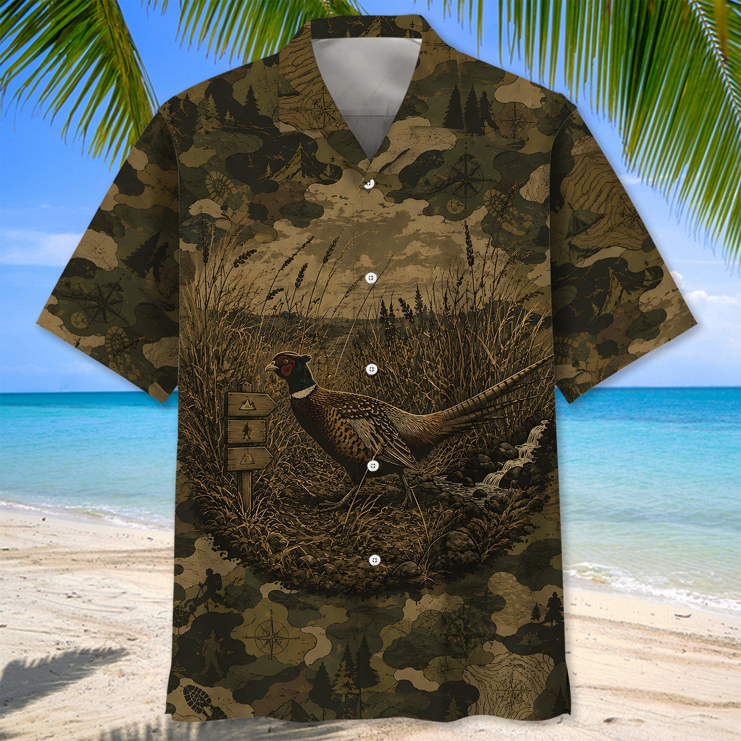 Pheasant Forest Camouflage Dark Hawaiian Shirt
