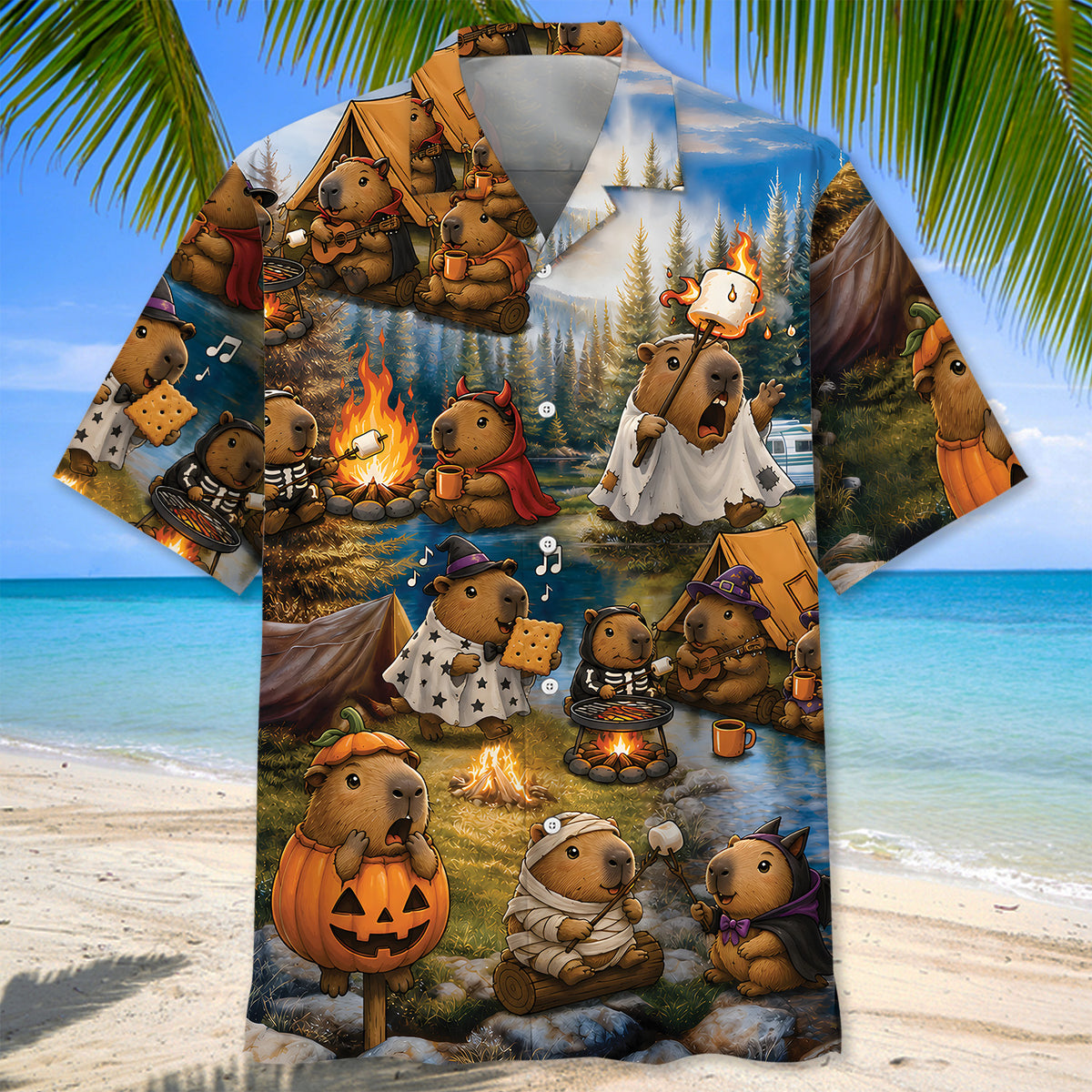 Vintage Capybara Camping Hawaiian Shirt