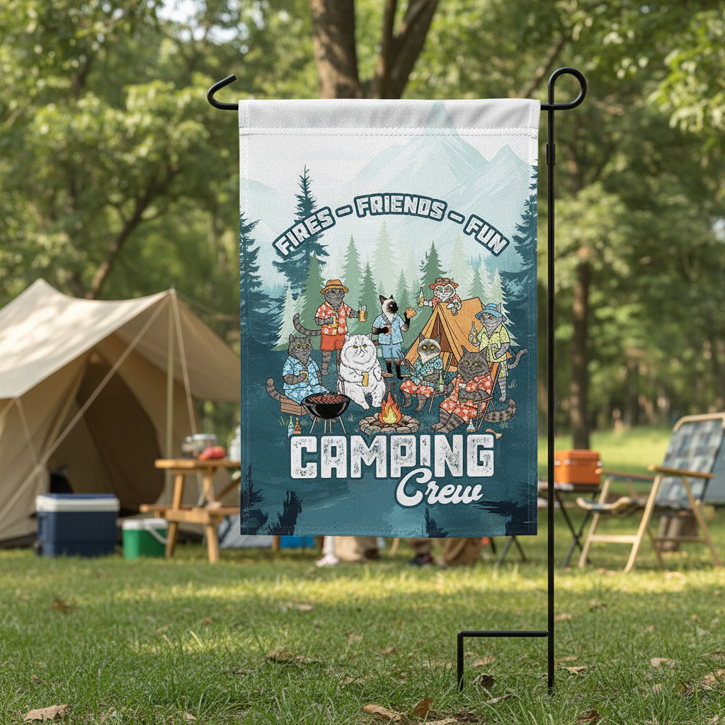 Friends, Fires, Fun Camping Crew Cats Flag Decor
