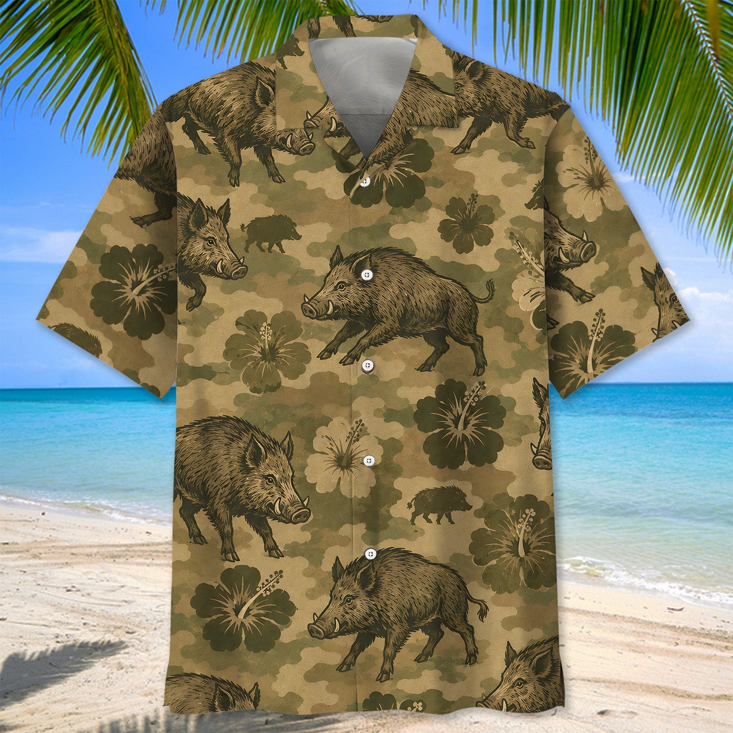 Hog Hibiscus Camouflage Hawaiian Shirt