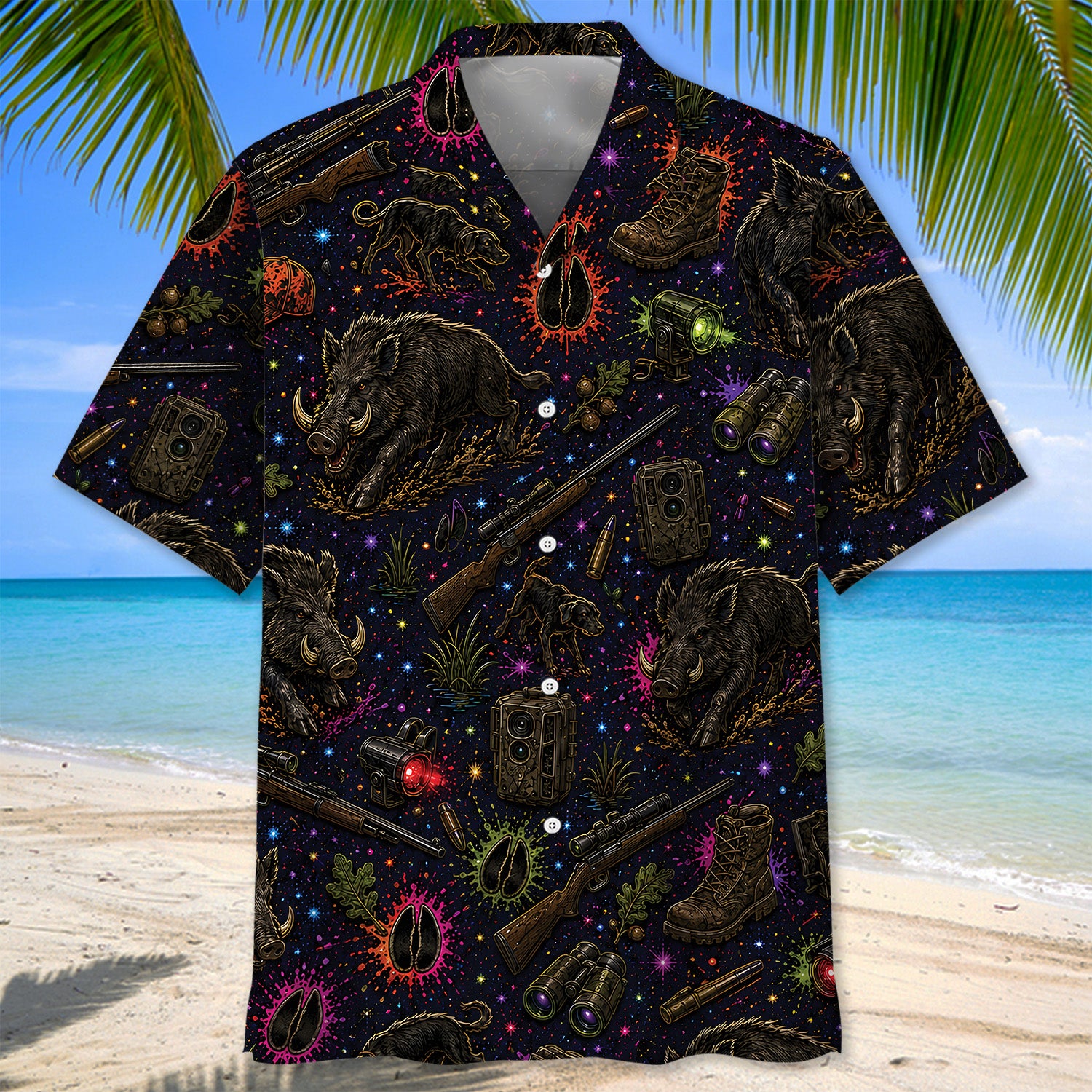 Retro Wild Hog Hunting Colorful Hawaiian Shirt