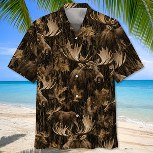 Vintage Moose Art Camo Hawaiian Shirt