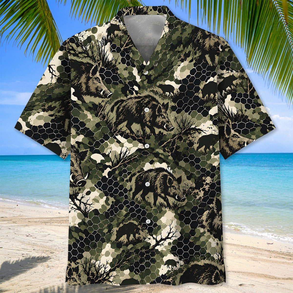 Tactical Hexagonal Wild Hog Hunting Camo Hawaiian Shirt