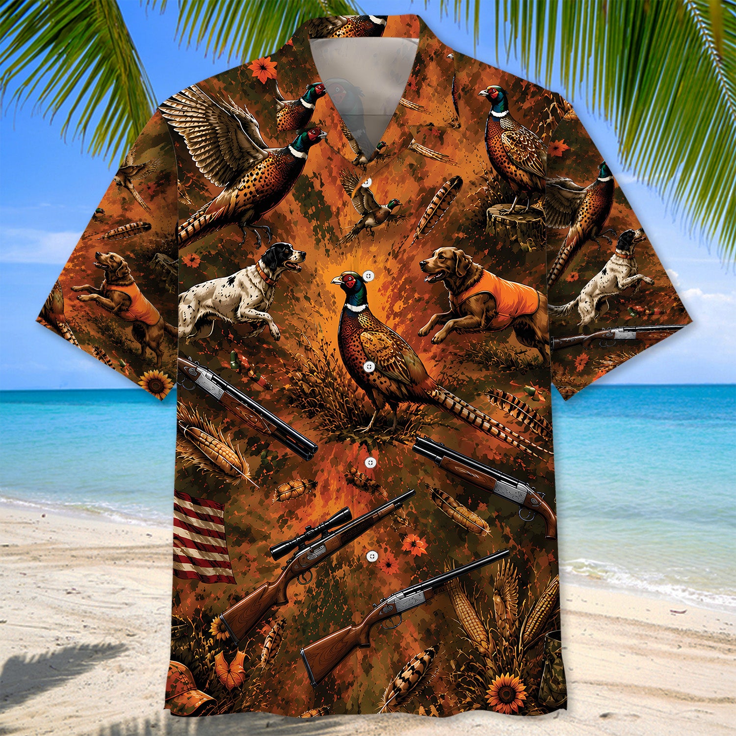 Colorful Pheasant Hunting Field Vintage Art Hawaiian Shirt