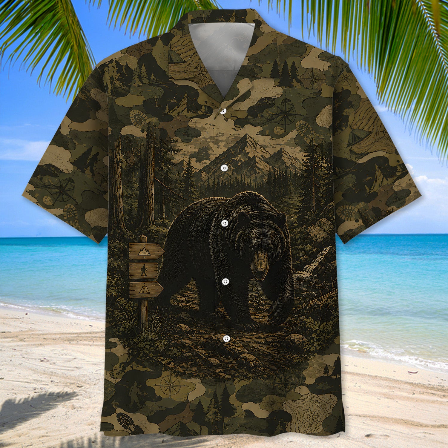 Black Bear Forest Camouflage Dark Hawaiian Shirt