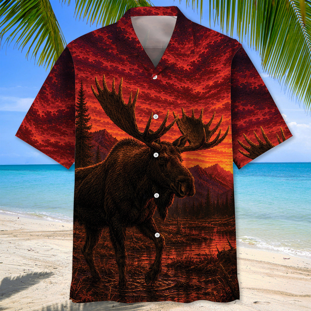 Moose Hunting Burnt Sky Hawaiian Shirt