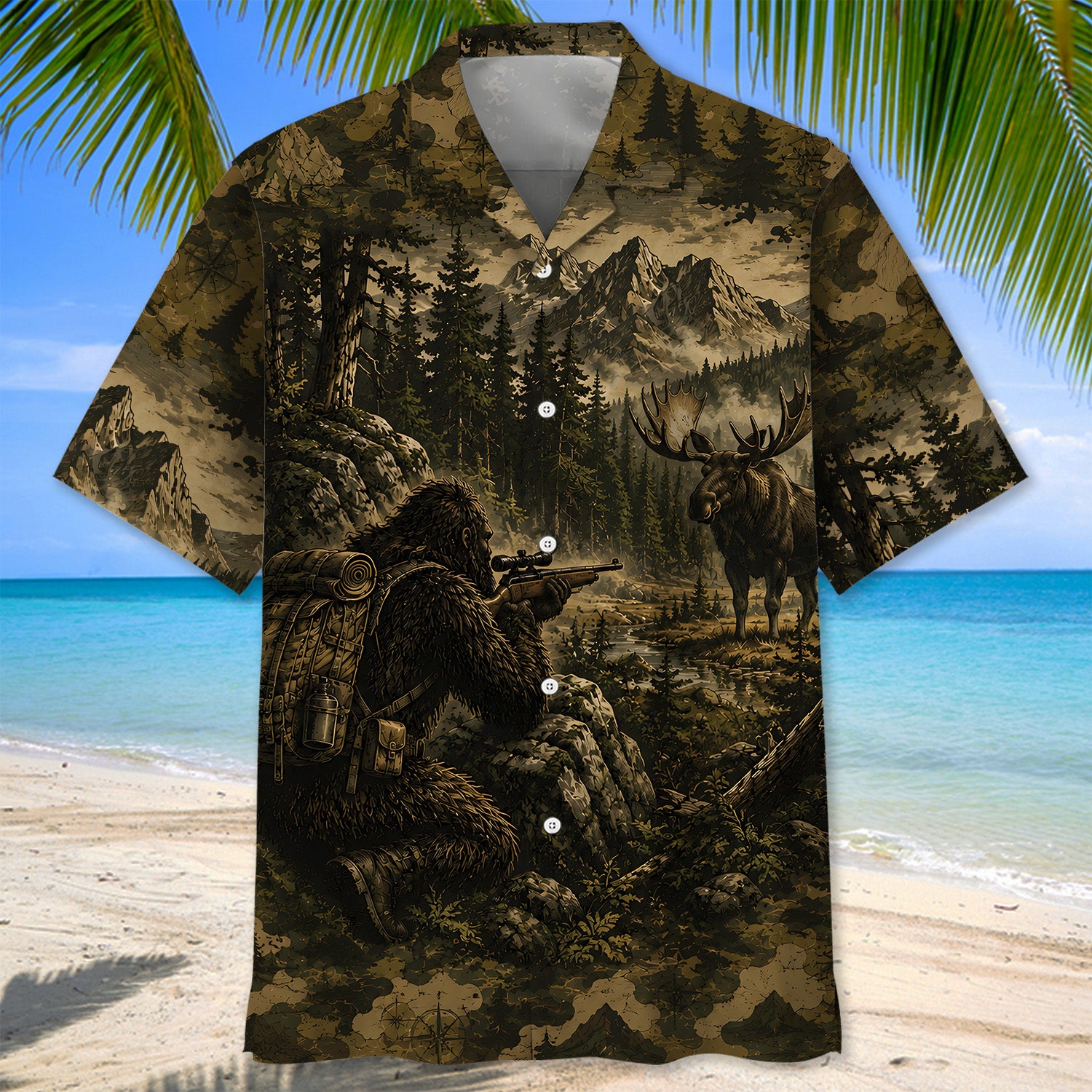 Bigfoot Moose Hunting Camouflage Funny Hawaiian Shirt
