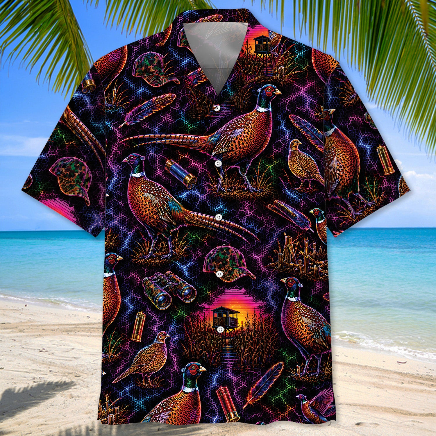 Midnight Wild Pheasant Hunting Neon Hawaiian Shirt