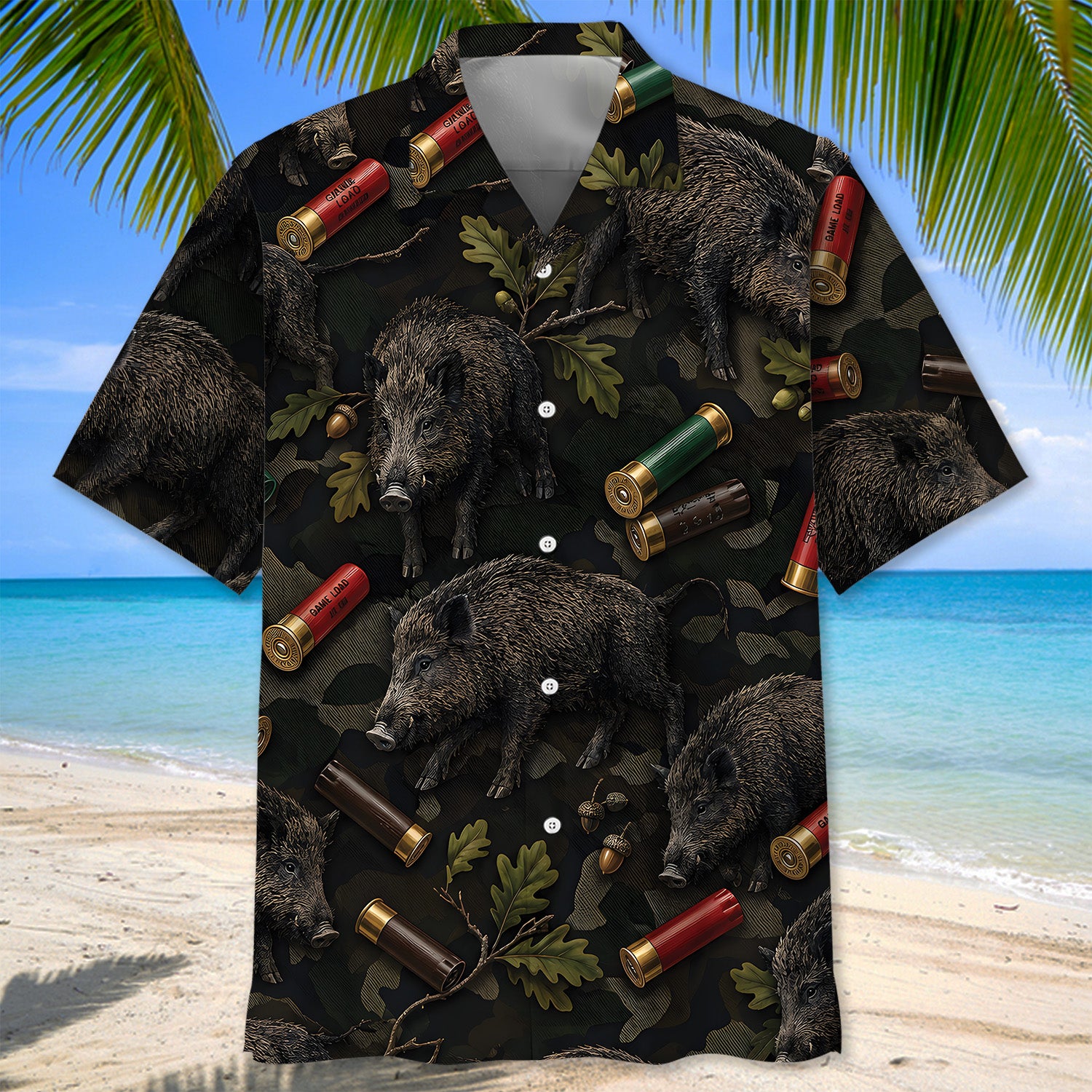 Vintage Hog Hunting Camouflage Black Hawaiian Shirt