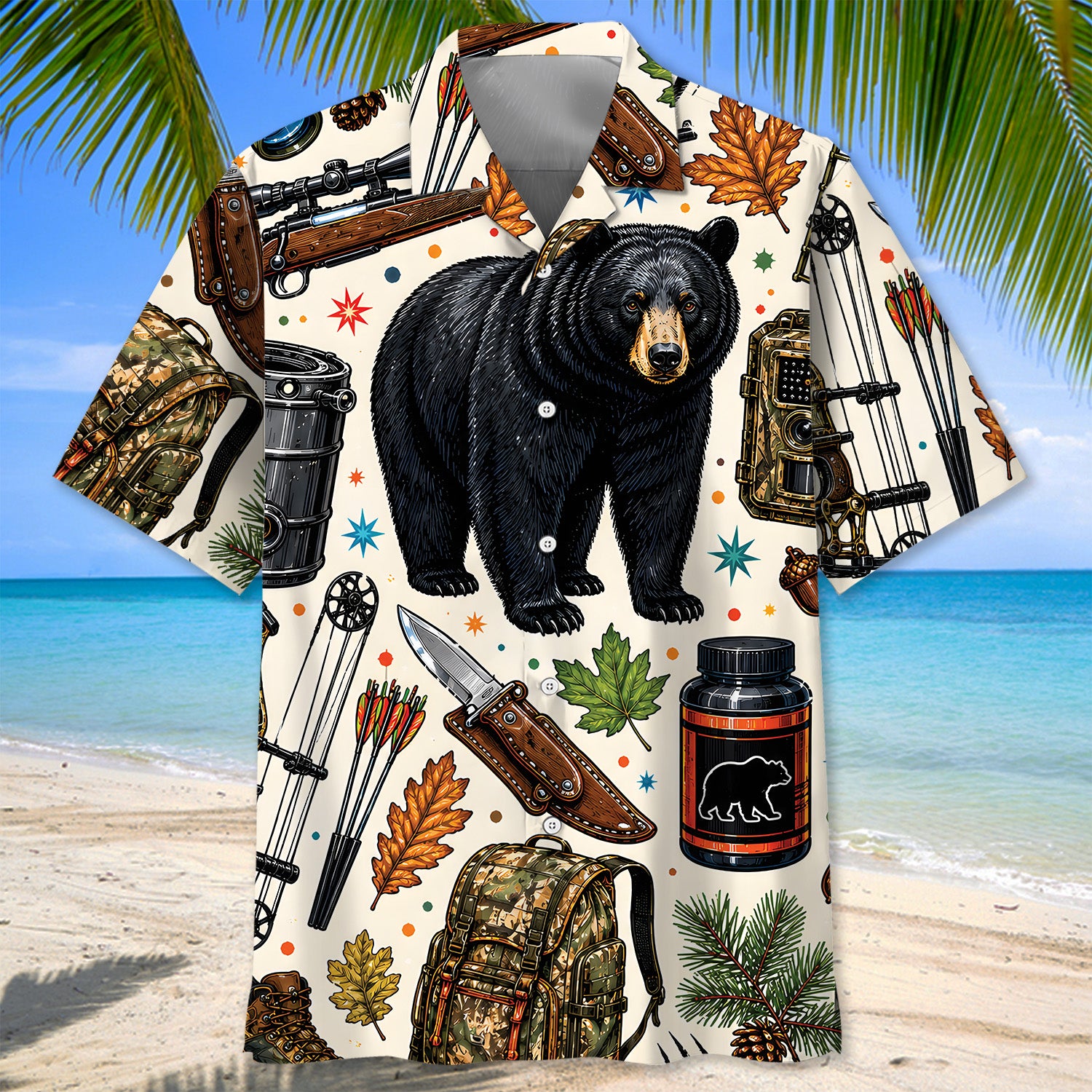 Black Bear Hunting Vintage Art Colorful Hawaiian Shirt