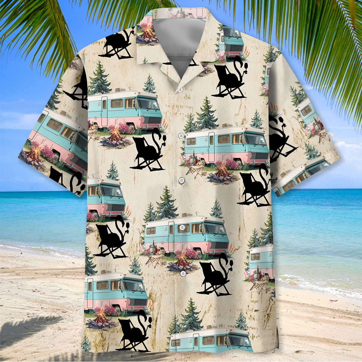 Retro Camper and Campfire Drinking Hawaiian Shirt
