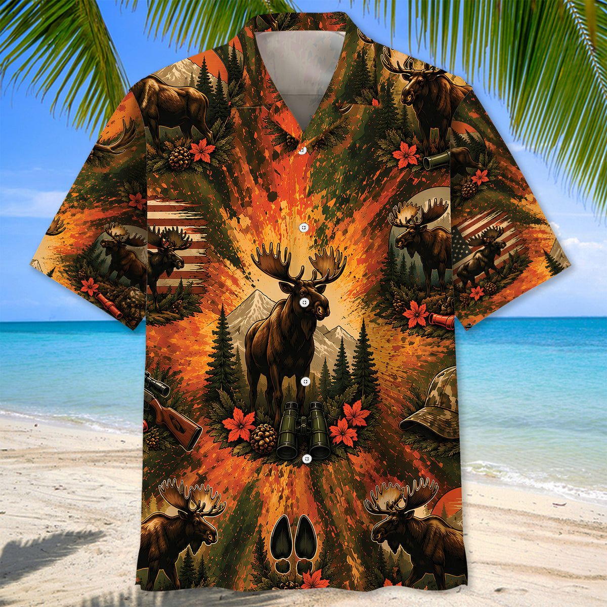 Colorful Moose Hunting Vintage Art Hawaiian Shirt