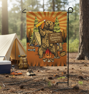 Welcome To Our Drinking Campsite Retro Bear Flag Decor