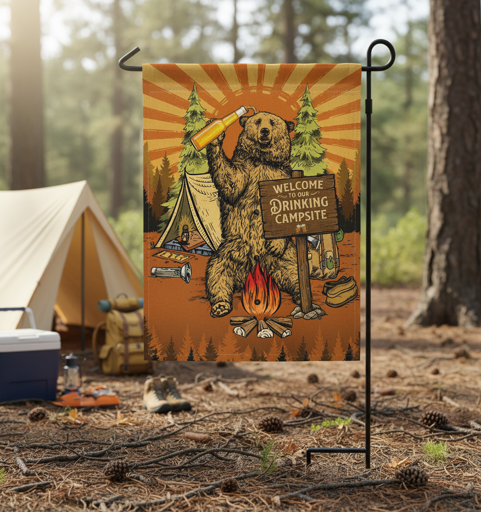 Welcome To Our Drinking Campsite Retro Bear Flag Decor