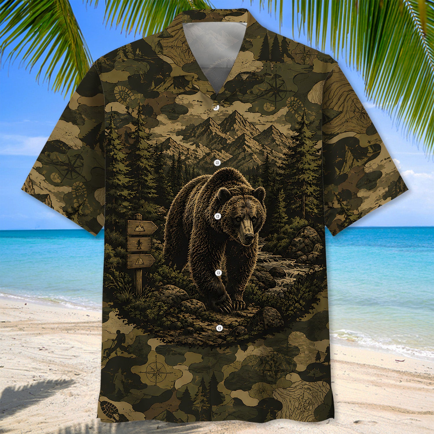 Grizzly Bear Forest Camouflage Dark Hawaiian Shirt