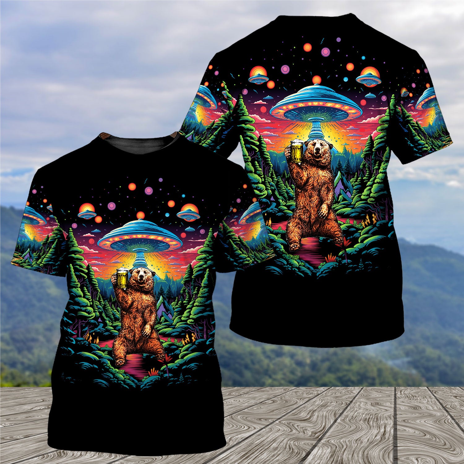 Bear Alien Night Drinking All Over Print Shirt
