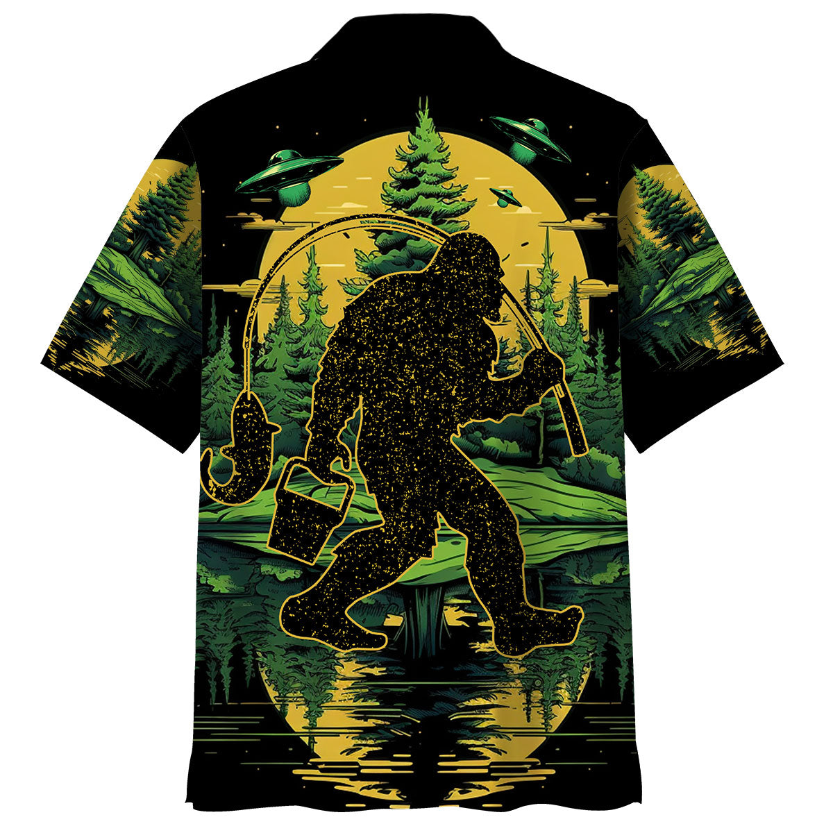Bigfoot Fishing Green Alien Forest Hawaiian Shirt