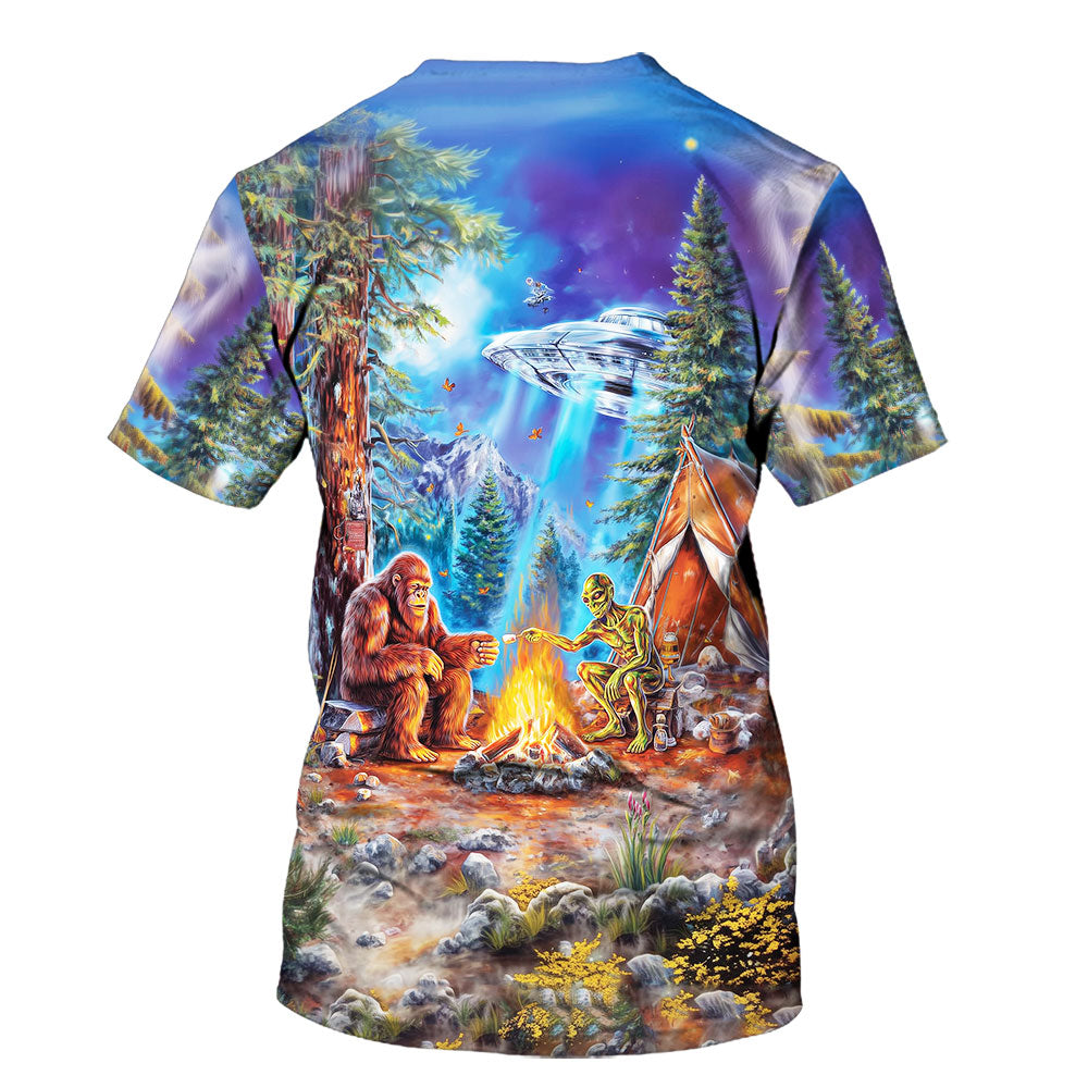 Bigfoot Alien Camping Night All Over Print Shirt