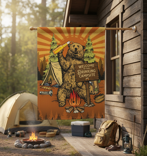 Welcome To Our Drinking Campsite Retro Bear Flag Decor