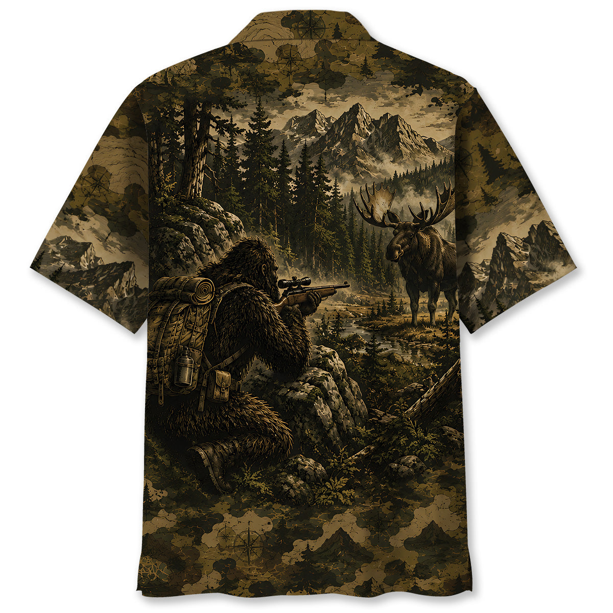 Bigfoot Moose Hunting Camouflage Funny Hawaiian Shirt