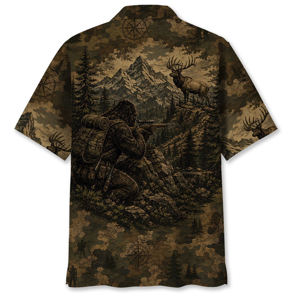 Bigfoot Elk Hunting Camouflage Funny Hawaiian Shirt