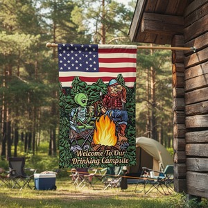 Welcome To Our Drinking Campsite Alien Bigfoot Camping Flag Decor