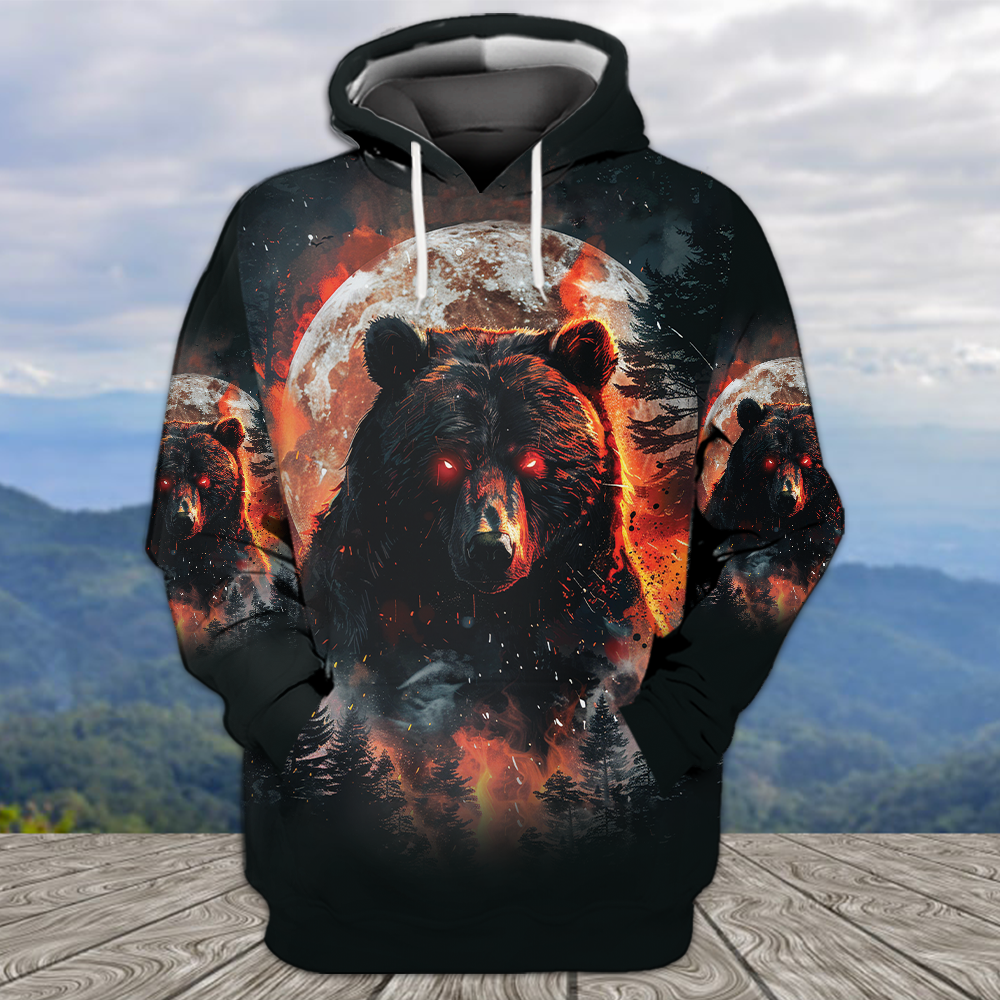 Fire Bear Adventure Dark Night Forest All Over Print Shirt