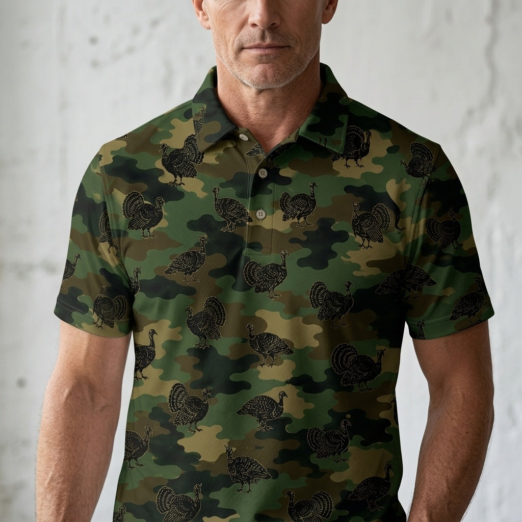 Wild Turkey Camouflage Millitary Men Polo Shirt