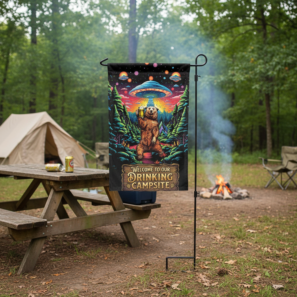 Welcome To Our Drinking Campsite Bear Flag Decor