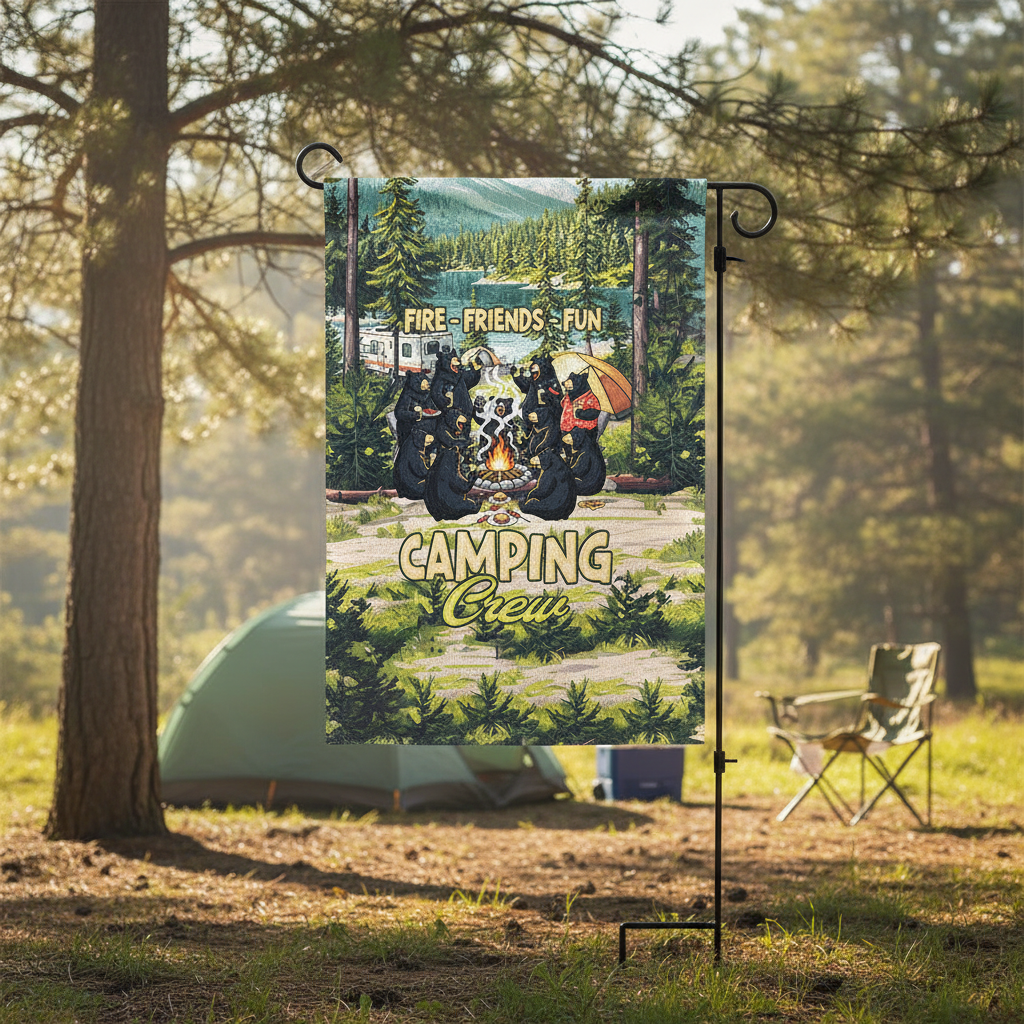 Friends, Fires, Fun Camping Crew Black Bear Flag Decor