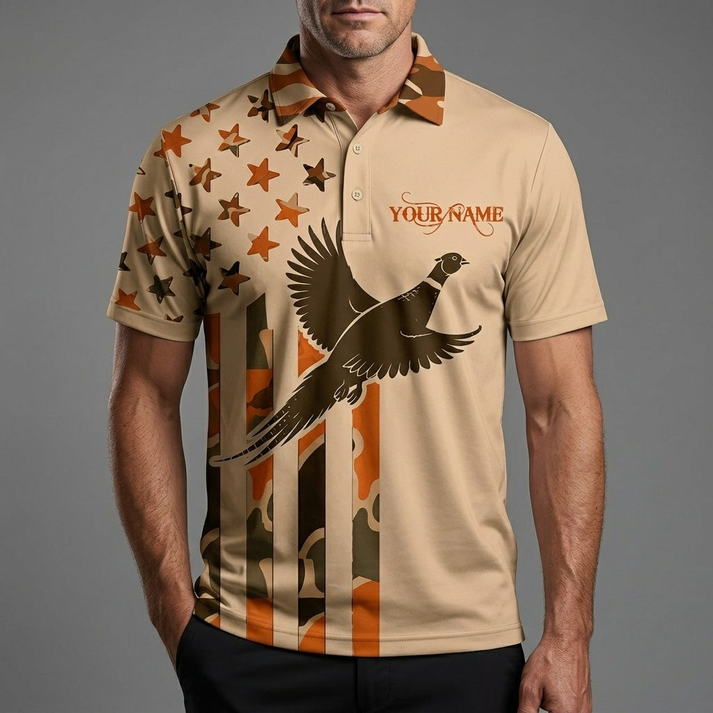 Custom Name Upland Pheasant Hunting Camouflage Style Men Polo Shirt