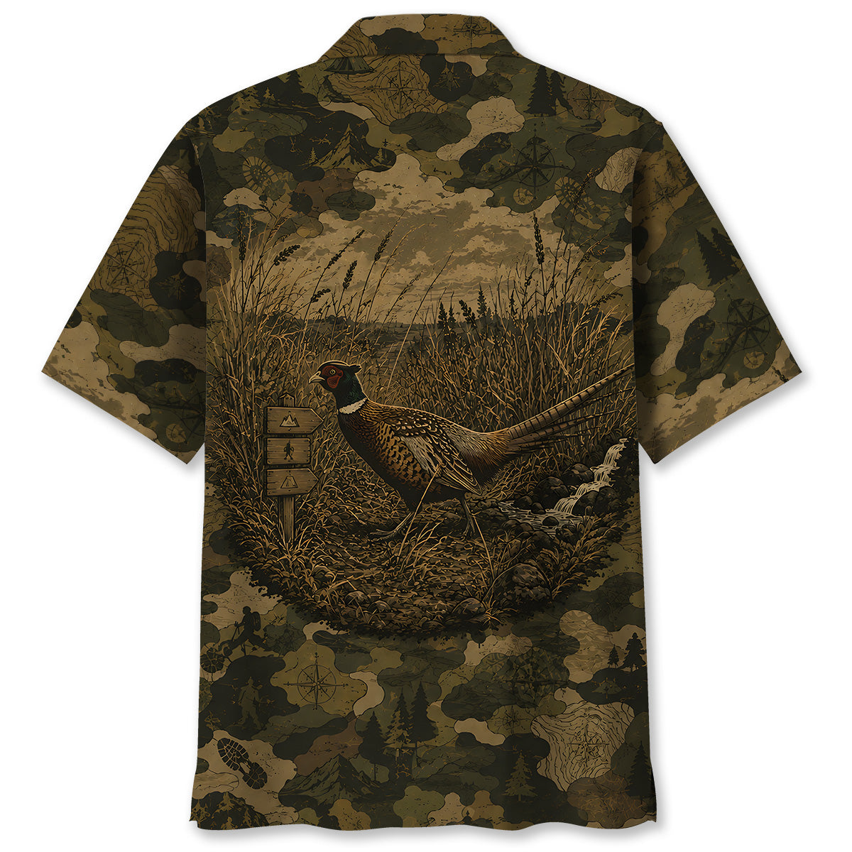 Pheasant Forest Camouflage Dark Hawaiian Shirt