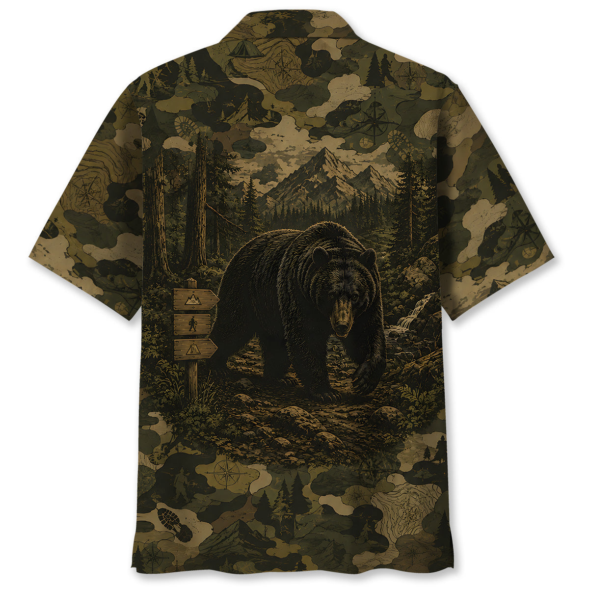 Black Bear Forest Camouflage Dark Hawaiian Shirt