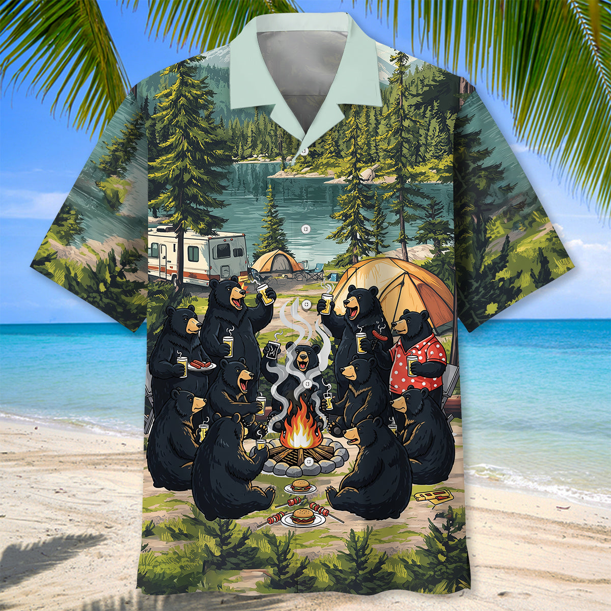 Friends, Fires, Fun Camping Crew Black Bear Hawaiian Shirt
