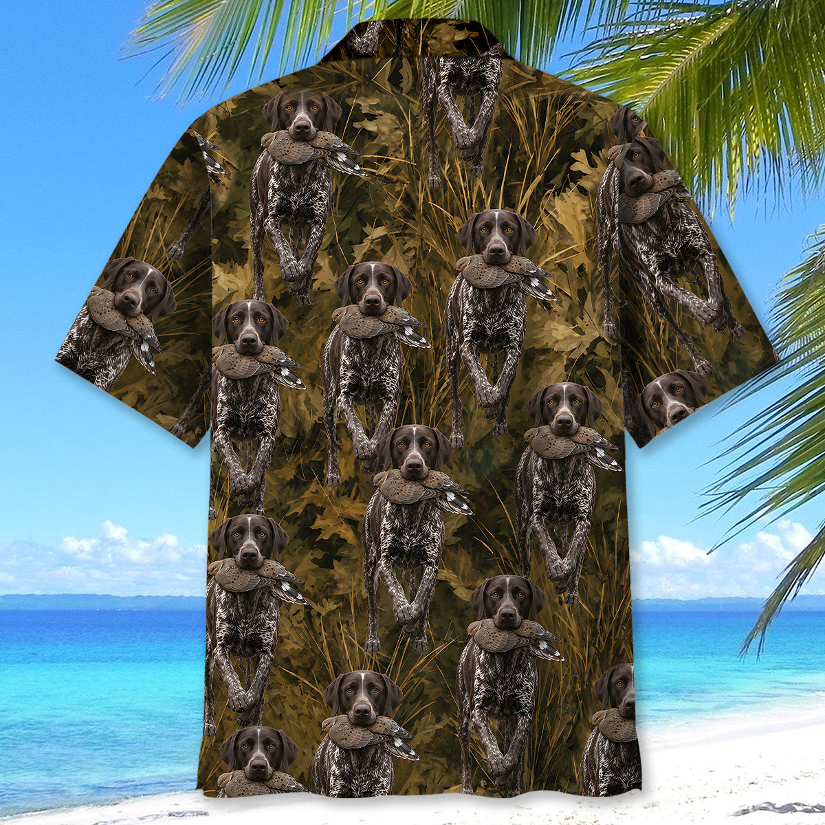 Camouflage German Shorthaired Pointer Running With Mourning Dove Hawaiian Shirt