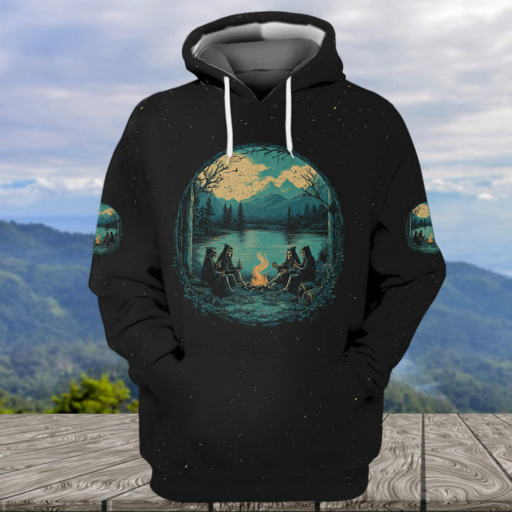 Skeleton Camping Crew – Spooky Vibes All Over Print Shirt