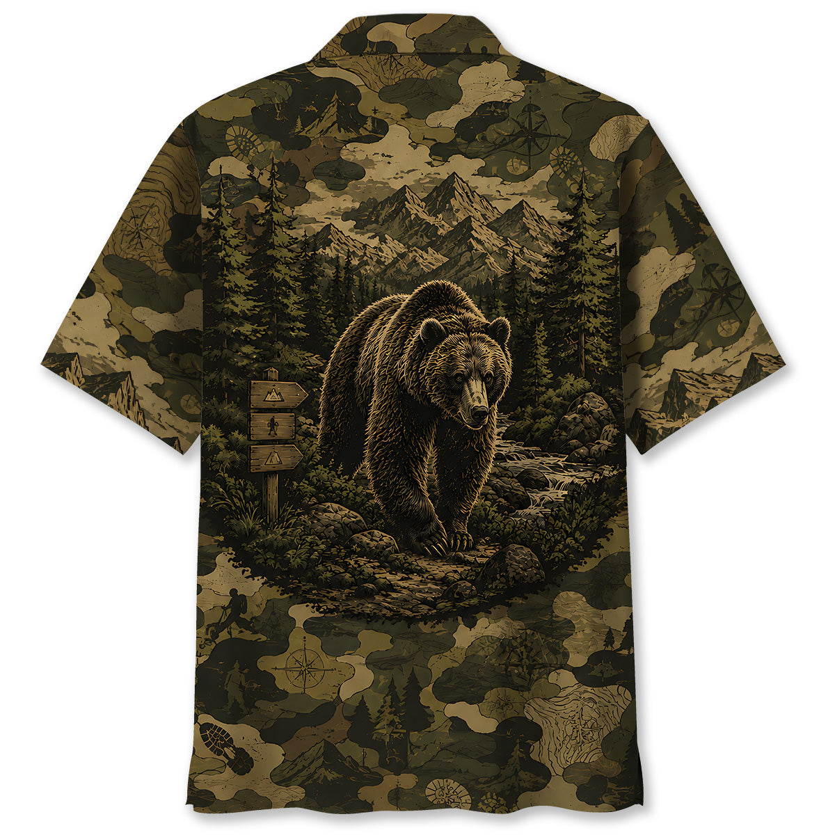 Grizzly Bear Forest Camouflage Dark Hawaiian Shirt