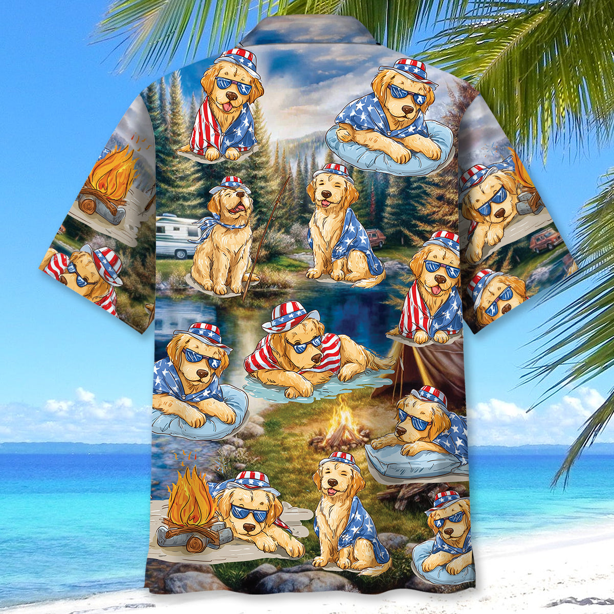 America Funny Golden Retriever Camping Hawaiian Shirt