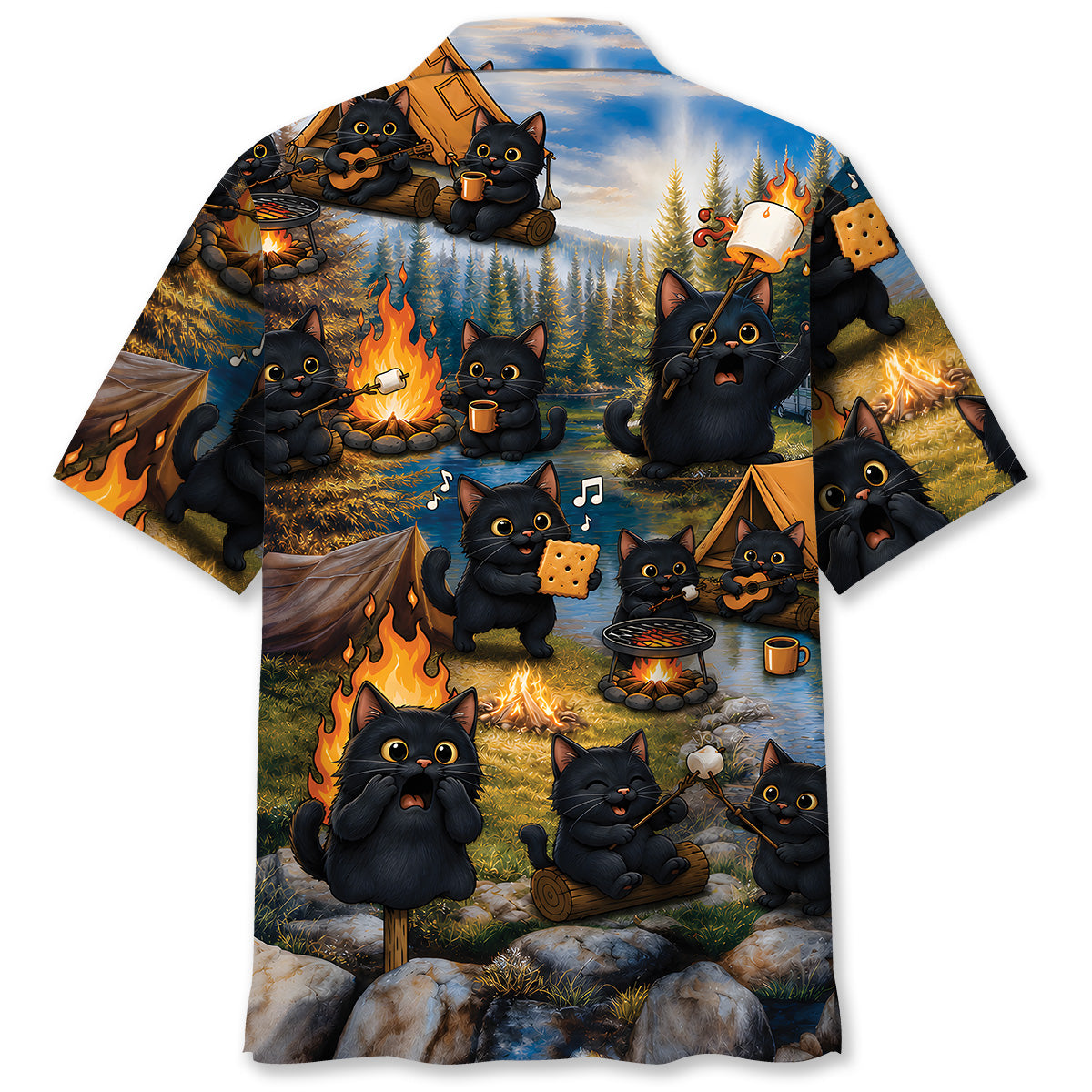 Vintage Black Cat Camping Hawaiian Shirt