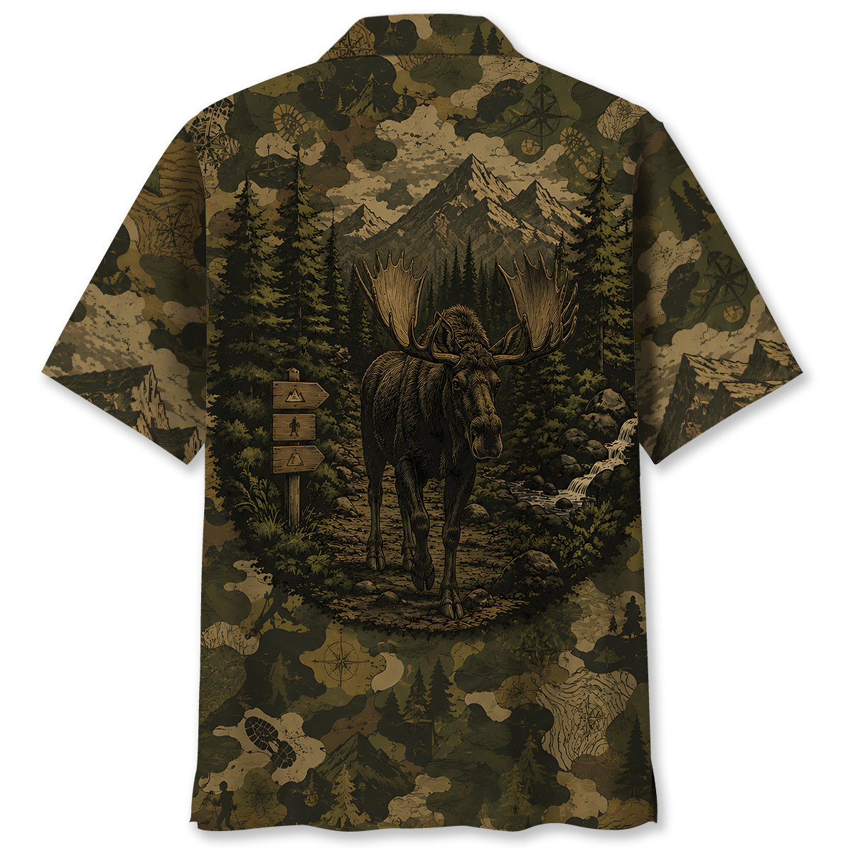 Moose Forest Camouflage Dark Hawaiian Shirt