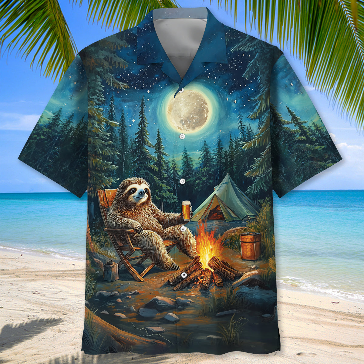 Vintage Art Sloth Camping Drinking Night Hawaiian Shirt