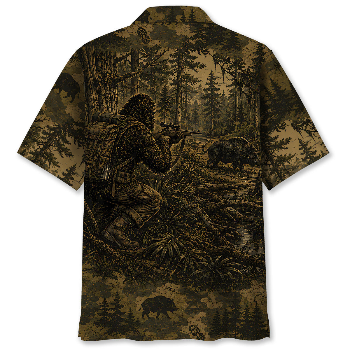 Bigfoot Hog Hunting Camouflage Funny Hawaiian Shirt