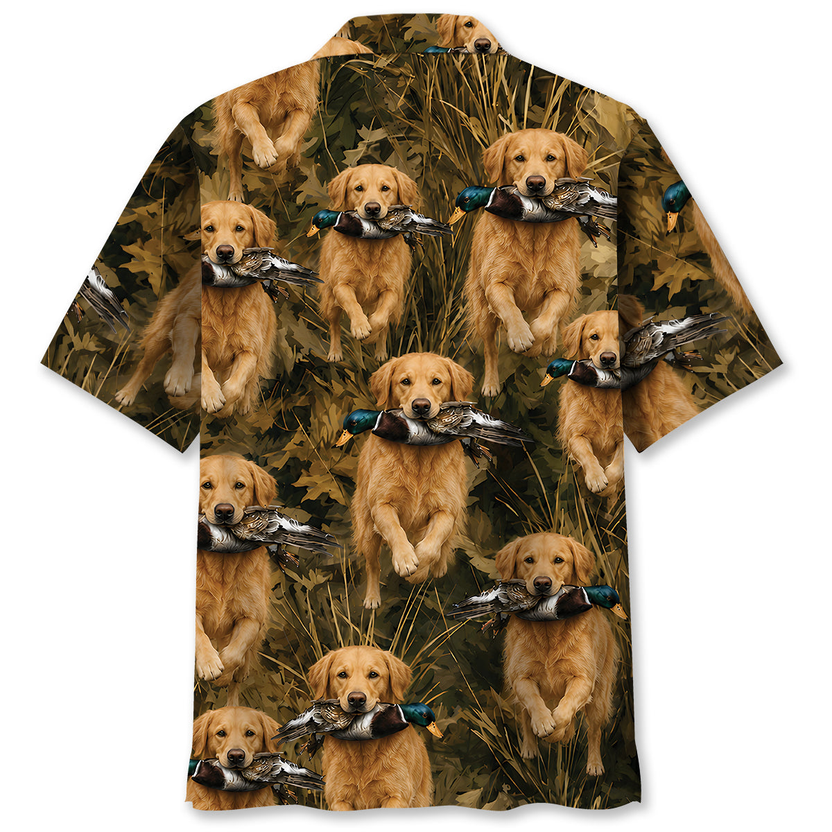 Camouflage Golden Retriever Running With Mallard Duck Hawaiian Shirt