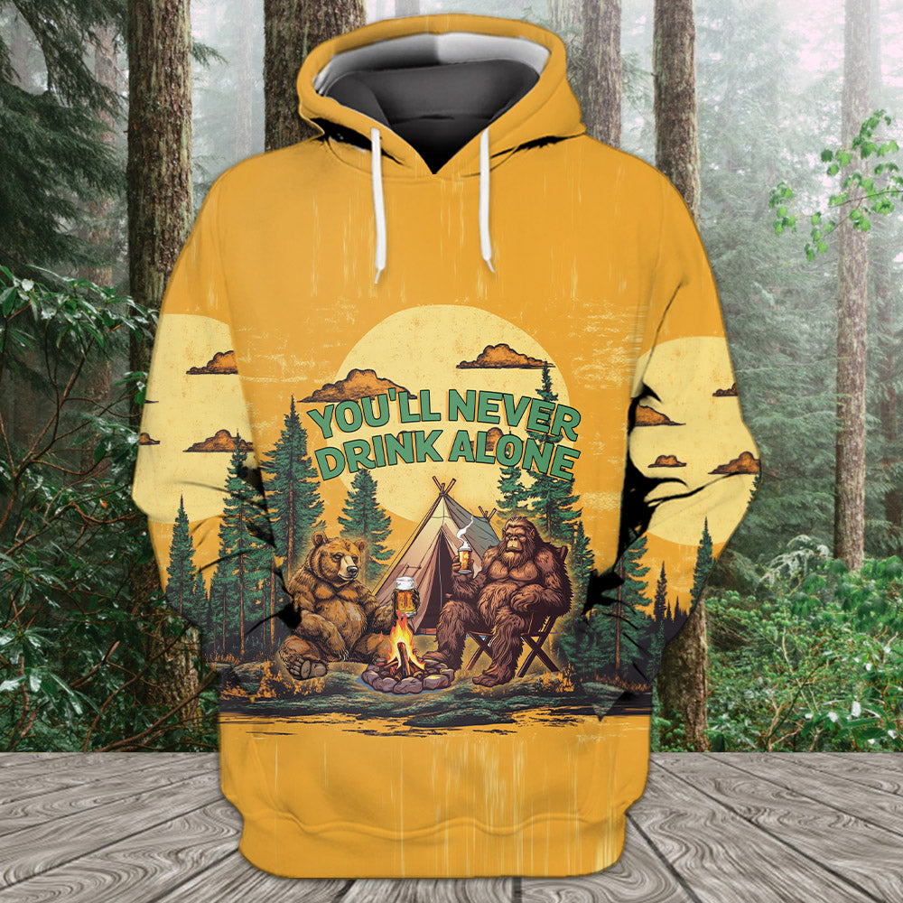 Bigfoot and Bear You'll Never Drink Alone All Over Print Shirt