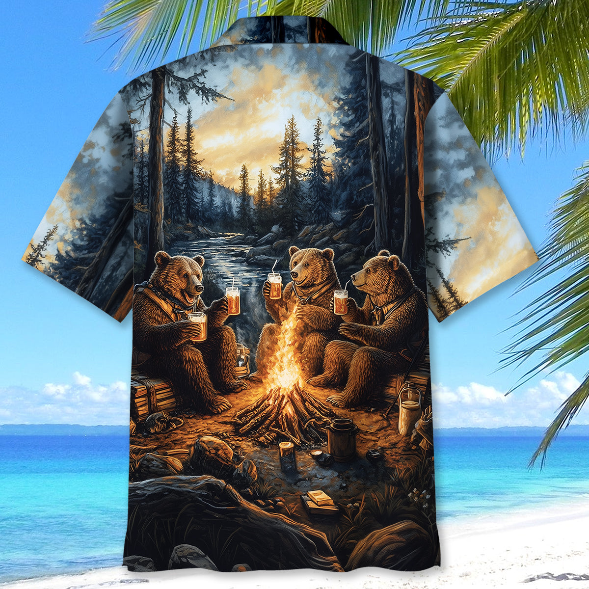 Bear Camping Drinking Night Hawaiian Shirt