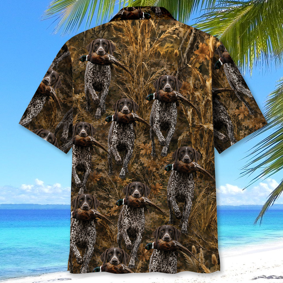 Camouflage German Shorthaired Pointer Running With Pheasant Hunting Hawaiian Shirt